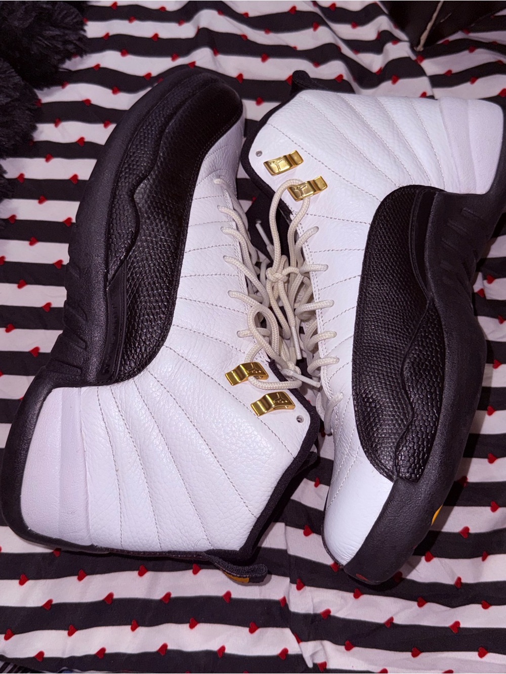 Jordan 12 retro taxis Men’s Basketball Shoes - White, Black & Gold Accents